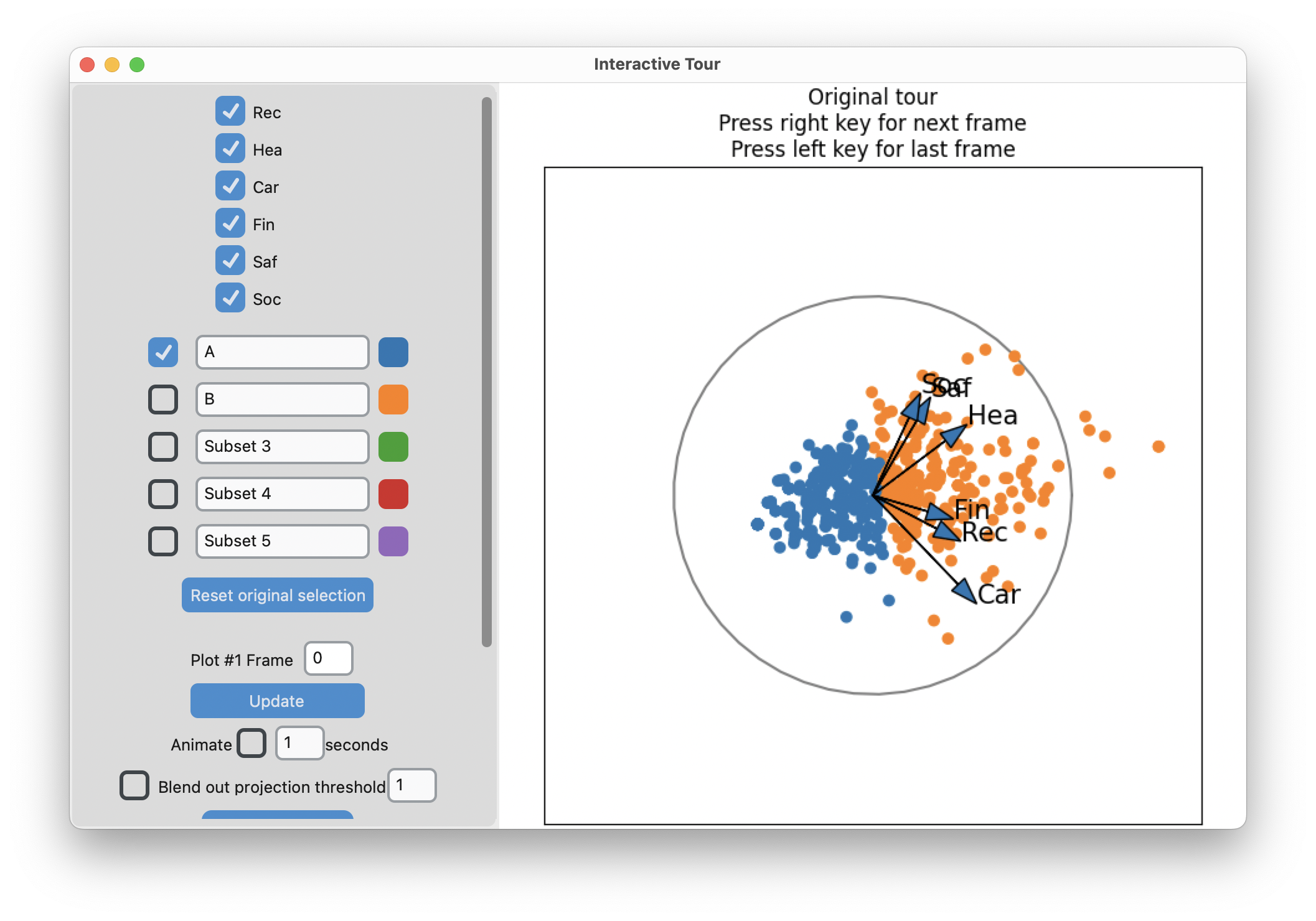 Screenshot of the lionfish interface showing the two cluster result. The projection shown is where there is a fairly clean line separating the two clusters.