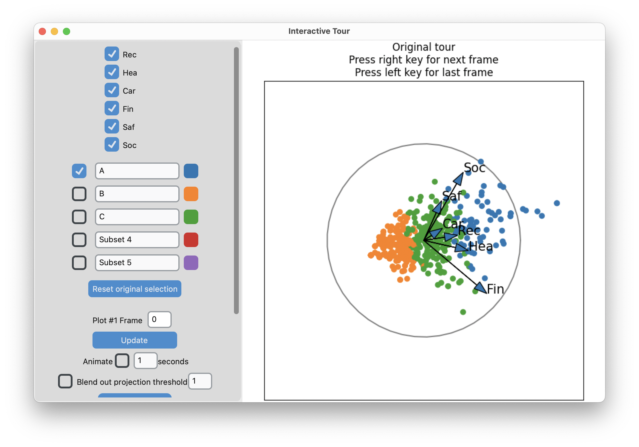 Screenshot of the lionfish interface showing the three cluster result. The projection shown is where there is a fairly clear separation the three clusters, along the direction of the largest spread of points.