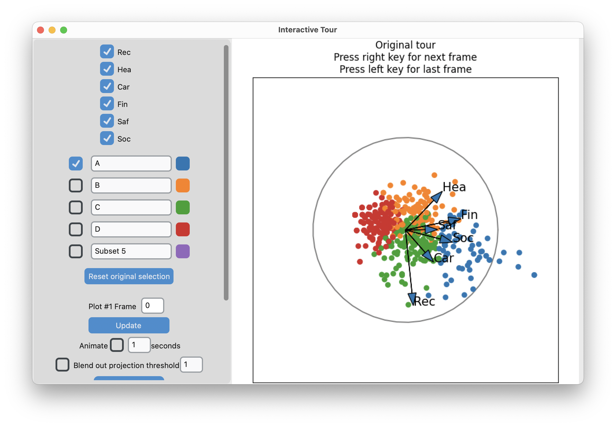 Screenshot of the lionfish interface showing the four cluster result. The projection shown is where there is a fairly clear separation the four clusters, along the direction of the largest spread of points, but the fattest part of the pear shape has been divided into two. So the four clusters are spread along the main direction of spread, with two side-by-side in the fat part of the pear.