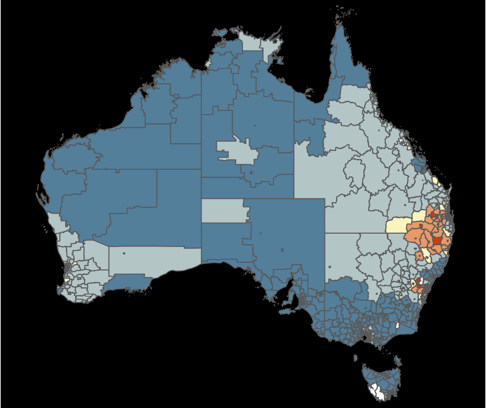 Choropleth map of thyroid cancer across Australian LGAs. High incidence appears to be around Brisbane and west of Sydney city.