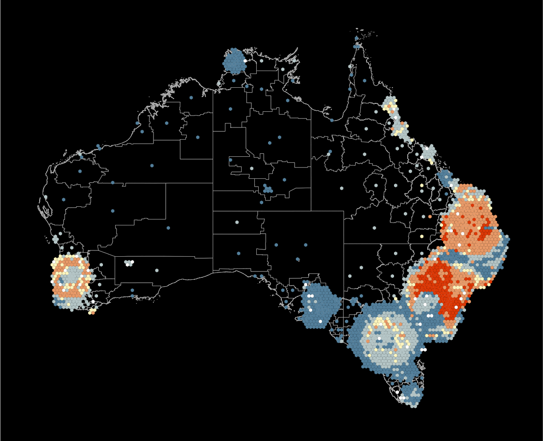 Hexagon tile map of thyroid cancer across Australian LGAs. High incidence is seen across the Brisbane, Sydney and Perth areas. Some LGAs in Melbourne have higher values too.
