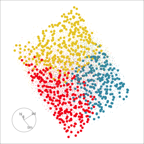 Animation plot, where three groups of coloured points can be seen. They roughly break the square into three regions with linear boundaries, which varies in each projection.